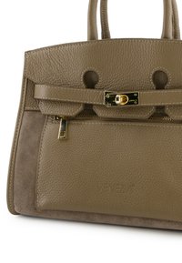 Olive green handbag made from textured leather and suede, featuring dual handles, a gold-tone hardware clasp, and zippered pocket detail.