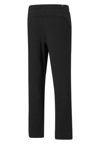 Svarta byxor med en slät textur, elastisk midja och rak benform. Inga synliga mönster eller metalldetaljer.