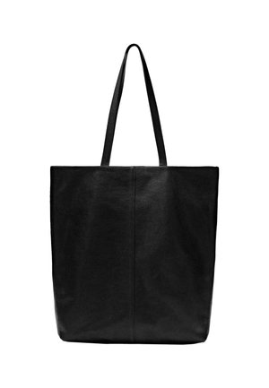 Sac fourre-tout en cuir noir avec deux longues poignées, forme rectangulaire, texture lisse, couture double le long du centre, design minimaliste.