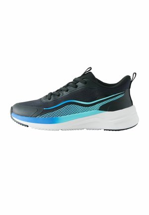 Black and blue athletic sneaker with white sole, mesh side panel, and pull tabs on tongue and heel, shown in right side profile.