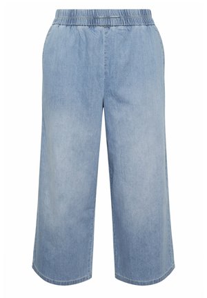 Pantaloni di jeans a gamba larga azzurri, corti, con vita elastica e senza tasche o decorazioni visibili.