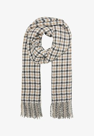 Sciarpa intrecciata in beige, bianco e nero, a motivo plaid, con estremità frangiate. Tessuto morbido e lunghezza generosa per calore e stile.