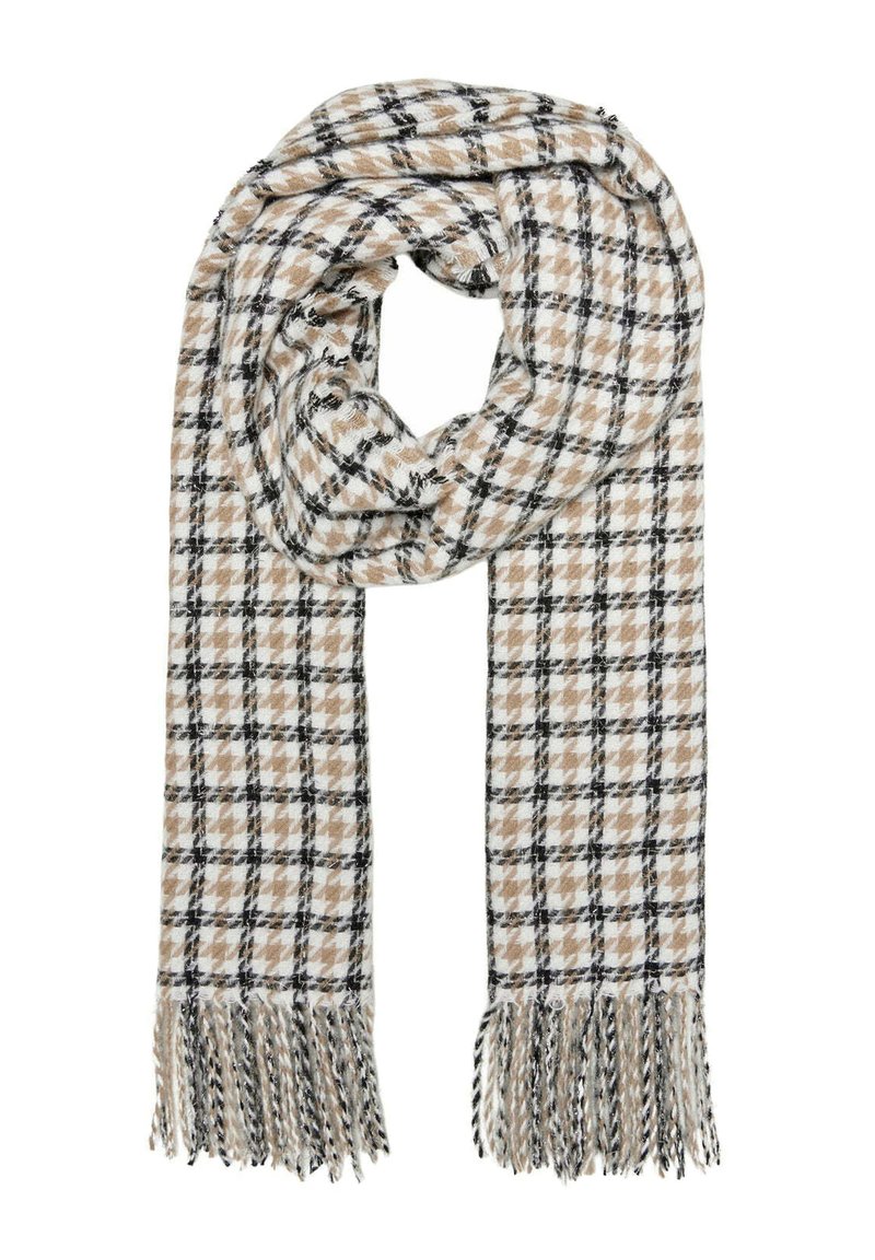 Sciarpa intrecciata in beige, bianco e nero, a motivo plaid, con estremità frangiate. Tessuto morbido e lunghezza generosa per calore e stile.