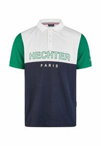 Poloshirt met witte kraag, groene mouwen en een marineblauwe romp. Bevat "HECHTER PARIS" gedrukt in groen en wit over de borst.