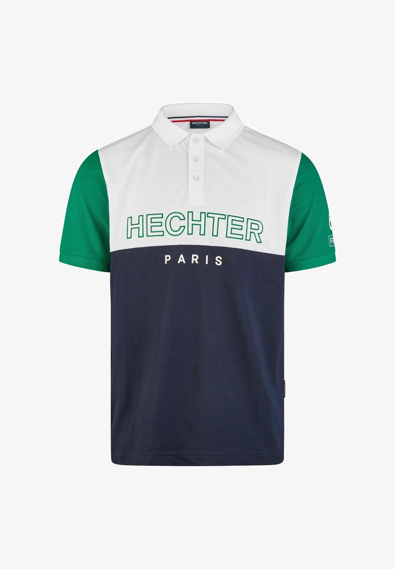 Poloshirt met witte kraag, groene mouwen en een marineblauwe romp. Bevat "HECHTER PARIS" gedrukt in groen en wit over de borst.