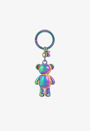 Porte-clés aux couleurs arc-en-ciel avec un design en forme d'ours en peluche, fabriqué dans un matériau brillant et lisse. Comprend un anneau en métal circulaire avec l'inscription "TOUS".