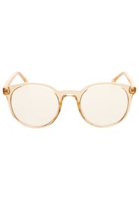 Transparent solglasögon med runda linser och en ljus, genomskinlig plastbåge. Har smala skalmar och en minimalistisk design.