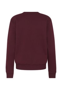 Bordó mikina s kulatým výstřihem, dlouhými rukávy, žebrovanými manžetami a pasem. Hladká textura a jednobarevný design bez vzorů.