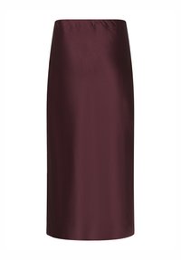 Burgundy satin pennkjol med en slät yta, midjelängd, elastisk midja och utan synliga mönster eller detaljer.