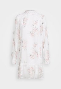 Long-sleeve dress in lightweight white fabric with pink floral pattern. Features a high neckline, lace trim, and ruffled hem.