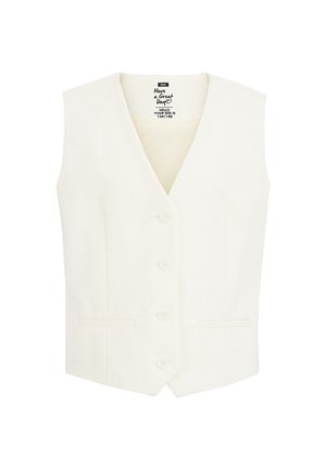 Weißes ärmelloses Button-Up-Weste mit V-Ausschnitt und zwei horizontalen Fronttaschen, flach auf einem weißen Hintergrund ausgelegt.