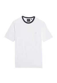 Witte t-shirt met korte mouwen en een zwarte ribboord aan de hals, met een klein geborduurd embleem op de linkerborst. Zacht katoen.