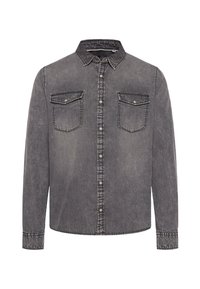 Graues Denim-Hemd mit langen Ärmeln, Knopfleiste vorne, zwei Brusttaschen und Steppnähten. Verfügt über einen klassischen Kragen und einen abgerundeten Saum.