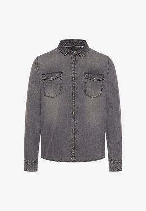 Gray denim shirt with long sleeves, button-up front, two chest pockets, and stitching accents. Features a classic collar and curved hem.