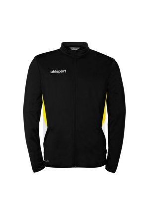 Sort sportsjakke med fuld lynlås, gule og hvide sidepaneler, "uhlsport" logo på venstre bryst og høj krave.