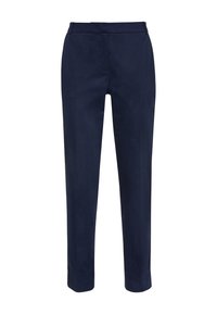 Laivansinisiä housuja suoran leikkauksen omaavana, valmistettu sileästä kankaasta, keskimääräisellä vyötärön korkeudella ja sivutaskuilla, vähäeleinen ja siisti muotoilu.