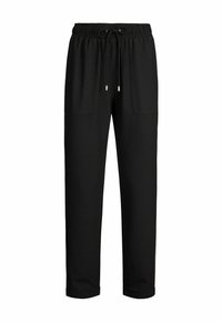 Czarne spodnie dresowe z elastycznym pasem i sznurkiem, wyposażone w dwie boczne kieszenie oraz detale z zamkami błyskawicznymi na nogawkach. Gładka faktura.