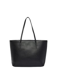 Musta nahkainen olkalaukku, jossa on kaksi pitkää kahvaa ja teksturoitu pinta, suunniteltu kannettavaksi kädessä tai olalla.