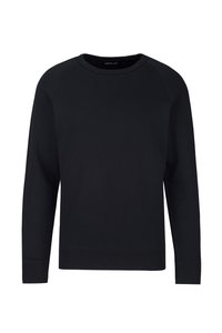 Schwarzer Rundhals-Sweatshirt mit langen Raglanärmeln, ribbeligem Hals- und Bündchenabschluss, aus weichem Baumwollstoff gefertigt. Schlichtes, ungeschmücktes Design.