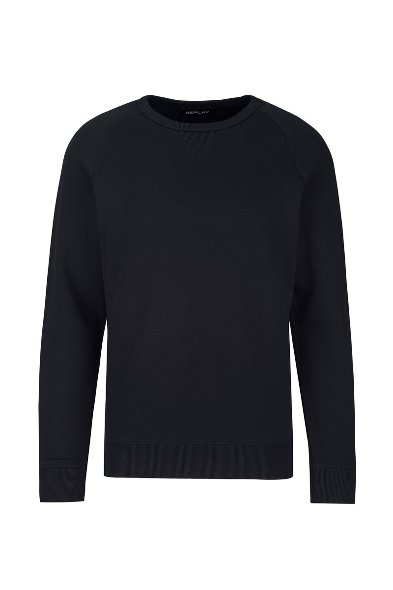 Zwarte crewneck sweatshirt met lange raglanmouwen, ribbelachtige hals en manchetten, gemaakt van zachte katoenstof. Eenvoudig, onopgesmukt ontwerp.