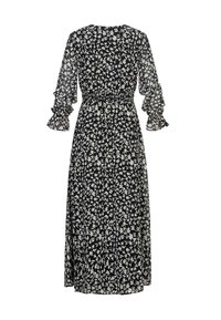 Robe maxi noire à fleurs avec manches longues transparentes, poignets à volants et taille cintrée. Présente un délicat motif botanique blanc.