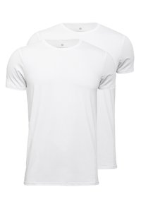 Hvide bomulds-t-shirts med korte ærmer og rund halsudskæring, med en glat, ensartet tekstur og uden synlige mønstre eller grafik.