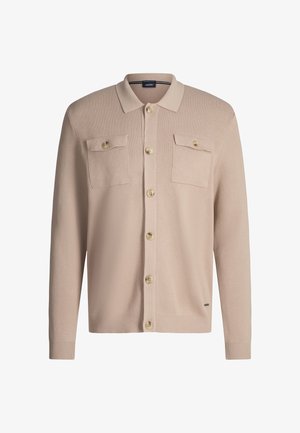 Cardigan beige realizzato in tessuto di maglia strutturata, con chiusura frontale con bottoni, due tasche sul petto con patta e polsini e orlo a coste.