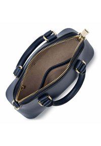 Borsa a mano blu in pelle con superficie texturizzata, zip dorata e doppio manico. Interno in tessuto beige con scomparti per l'organizzazione.