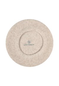 Runde, hellbeige Filzplatte mit glatter Textur und leichtem Rand. Hat eine kreisförmige Vertiefung und bedruckten Text in der Mitte.