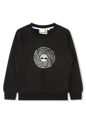 Sudadera negra con cuello redondo, que presenta un gráfico circular blanco con el logo de Timberland y texto de la marca. Puños y dobladillo acanalados.