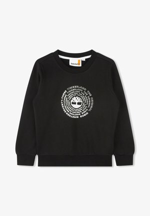 Sweat-shirt noir à col rond, avec un graphisme circulaire blanc affichant le logo Timberland et le texte de la marque. Poignets et ourlet côtelés.