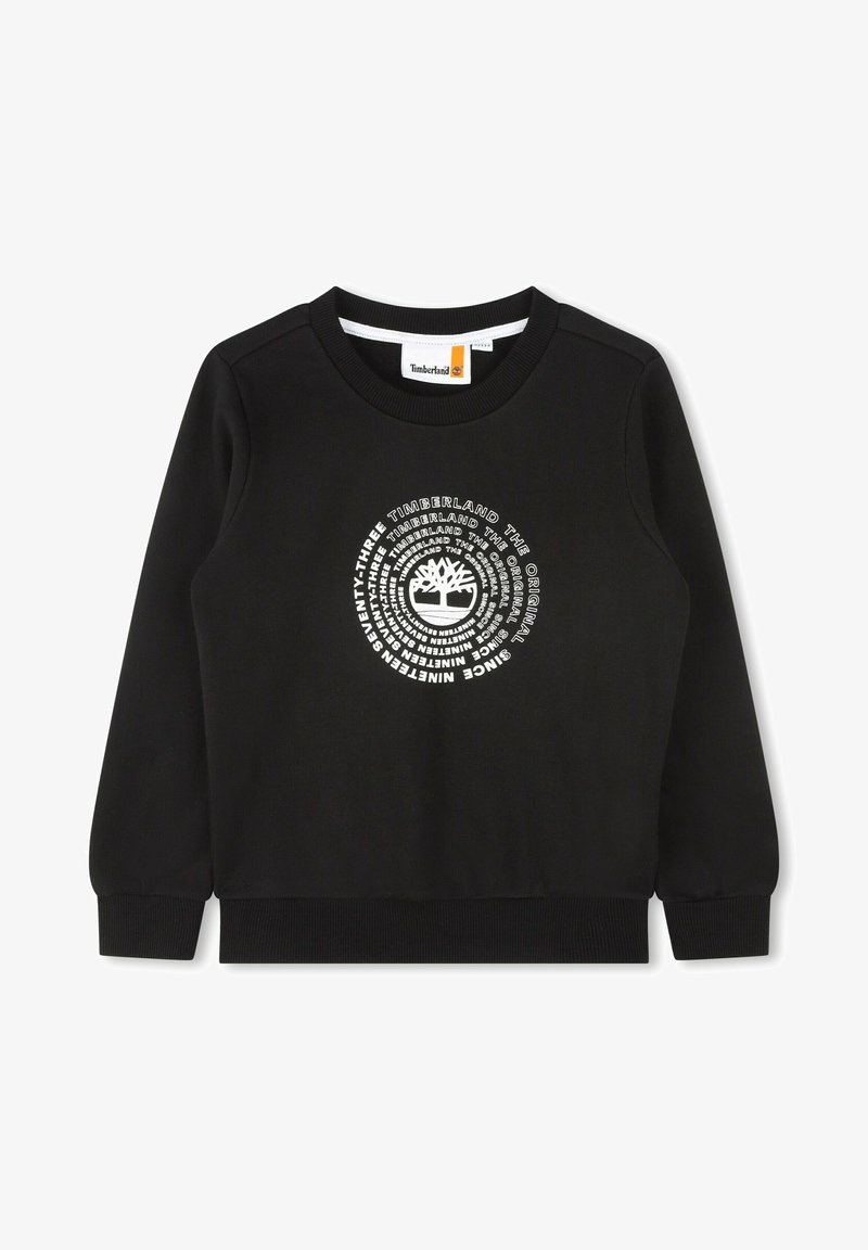 Sweat-shirt noir à col rond, avec un graphisme circulaire blanc affichant le logo Timberland et le texte de la marque. Poignets et ourlet côtelés.