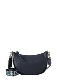 Dunkelblaue Leder-Schultertasche mit geschwungener Form, ausgestattet mit einem Reißverschluss, handgebundenem Akzent und verstellbarem, gemustertem Riemen.