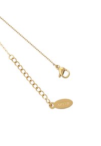 Collana in oro con chiusura a granchio e un'etichetta ovale incisa con "XPTTM" su uno sfondo bianco.