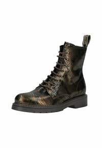 Bottines à lacets noires et brunes avec une texture serpent. Équipées d'une semelle épaisse et d'une languette au talon. Design léger.