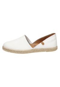 Białe skórzane espadryle z zaokrąglonym czubkiem, naturalną juta podeszwą oraz akcentem w postaci bocznego metki. Minimalistyczny design z niskim cięciem po bokach.