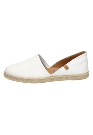 White leather espadrille with a rounded toe, natural jute outsole, and a side tag accent. Minimalistic design with a low cut on the sides.