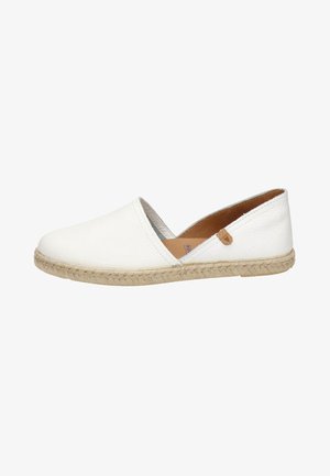White leather espadrille with a rounded toe, natural jute outsole, and a side tag accent. Minimalistic design with a low cut on the sides.