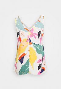 Sleeveless, V-neck top made of lightweight fabric featuring a colorful floral pattern in pink, yellow, green, and blue on a white background.