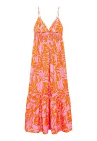 Robe longue orange et rose avec un motif floral. Dotée de fines bretelles ajustables et d'un corsage smocké. Ourlet évasé.