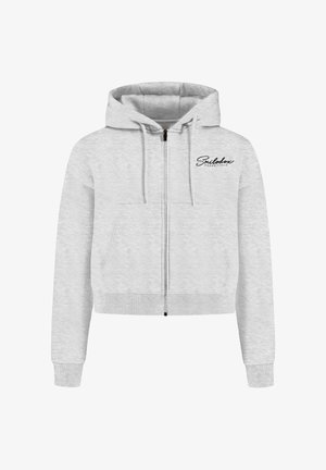 Grijze rits-hoodie van zacht materiaal, met een voorzak, trekkoordcapuchon en een zwart cursief logo op de linkerkant van de borst.