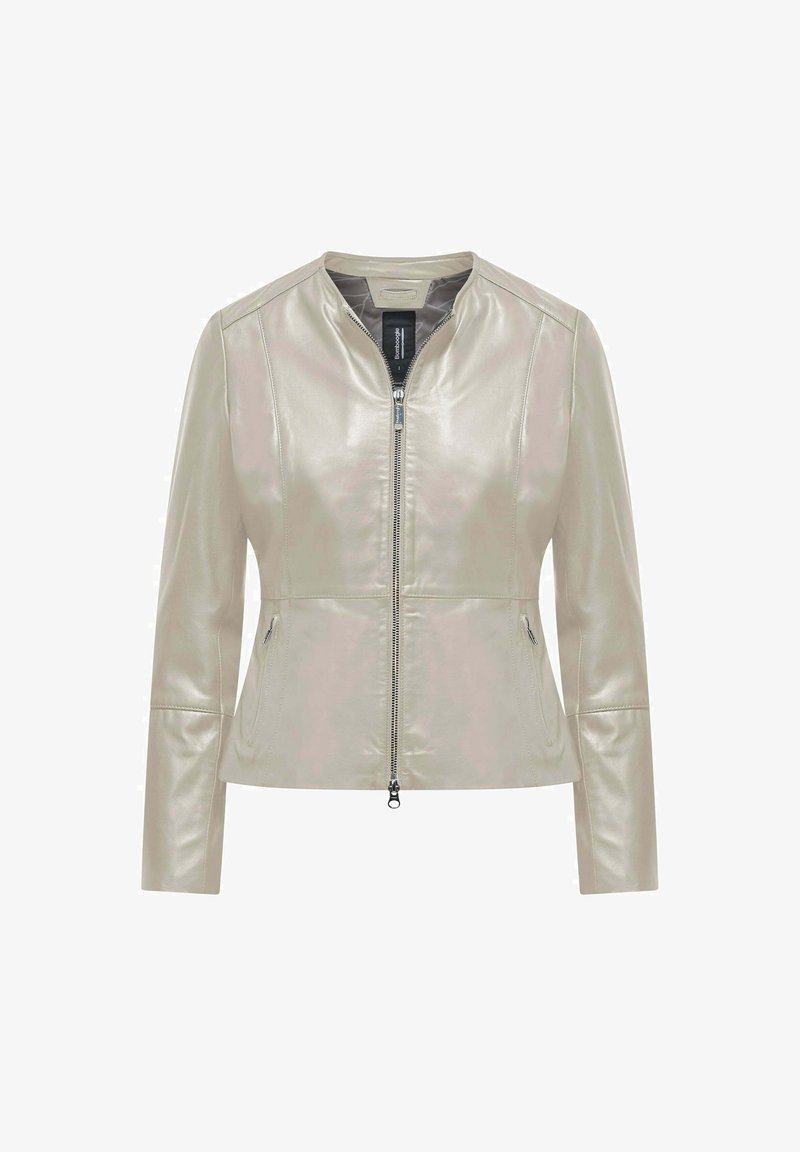 Helle beigefarbene Lederjacke mit Reißverschluss vorne, Rundhalsausschnitt und langen Ärmeln. Sie zeichnet sich durch eine glatte Textur und ein minimalistisches Design aus.