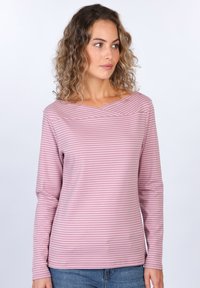 Langärmliges Oberteil in hellrosa mit weißen horizontalen Streifen. Verfügt über einen Überlappungs-Ausschnitt und einen weichen Stoff. Lässige Passform.