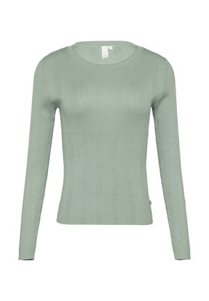 Grüner, gerippter Langarmpullover mit Rundhalsausschnitt. Er hat eine taillierte Passform und eine weiche Textur, die sich gut zum Schichten eignet.