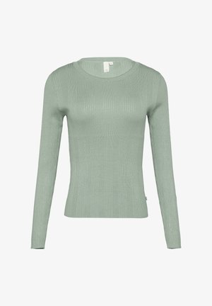 Grüner, gerippter Langarmpullover mit Rundhalsausschnitt. Er hat eine taillierte Passform und eine weiche Textur, die sich gut zum Schichten eignet.