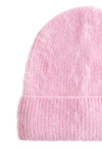 Pink knitted beanie hat made from soft, fuzzy material with a folded cuff. Features a ribbed texture throughout for warmth and style.