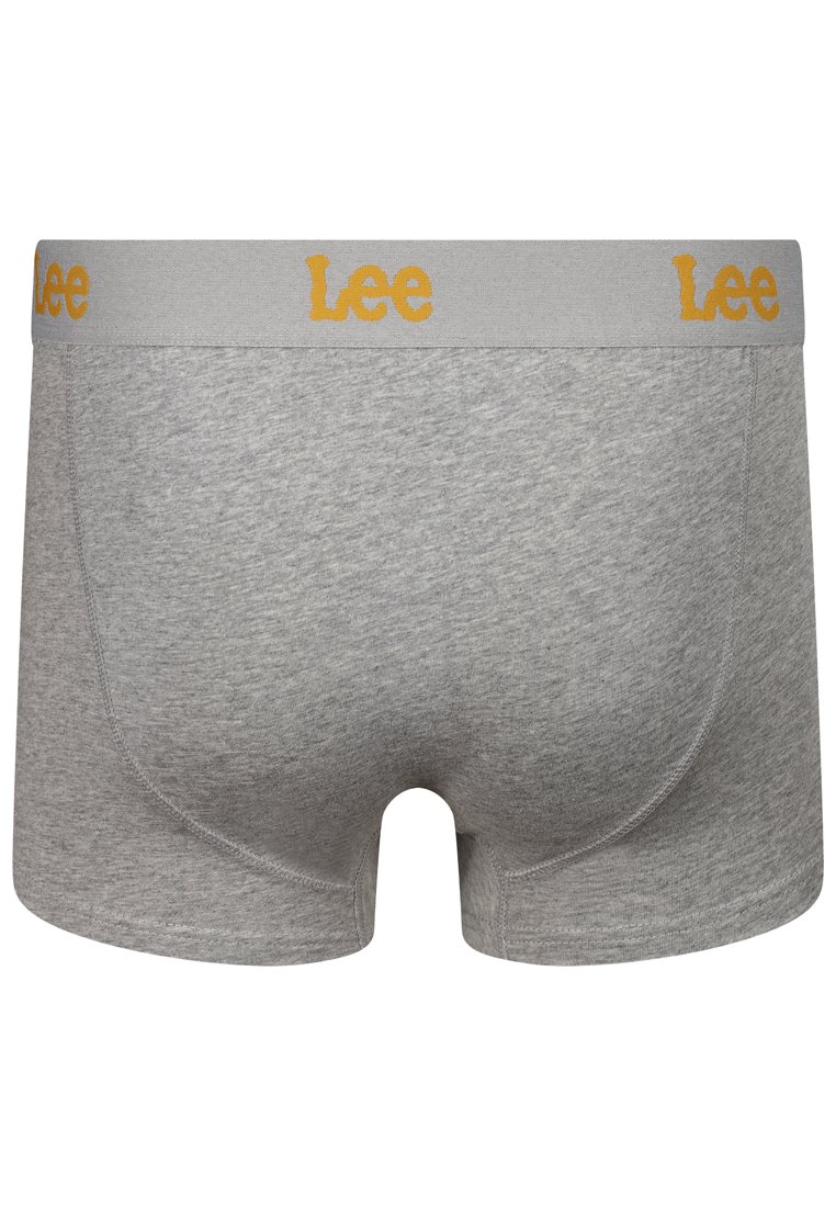 Szare bawełniane bokserki z miękkim pasem, na którym znajduje się logo "Lee" w kolorze żółtym. Gładka tekstura z konturowymi szwami i klasycznym designem.