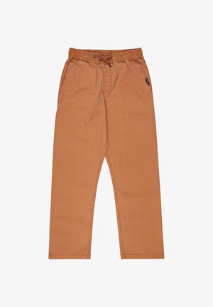 Luźne brązowe spodnie casual z elastycznym pasem i sznurkiem, z bocznymi kieszeniami oraz małą czarną metką marki na prawej kieszeni.