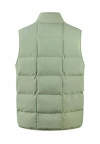 Gilet matelassé vert clair avec un col haut, un design piqué comportant des sections carrées et une texture lisse et douce. Pas de quincaillerie visible.