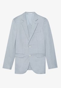 Giacca di completo grigio chiaro con finitura testurizzata, design a una sola fila di bottoni, due bottoni e due tasche frontali. Classico rever a scollo.